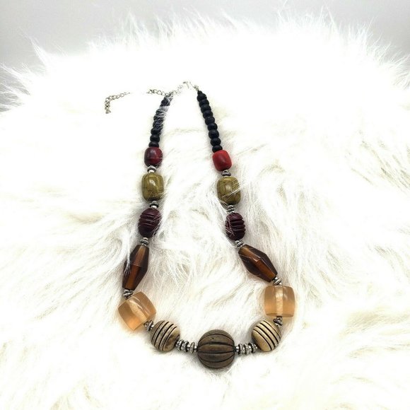 Semi Precious Wooden Curve & Art Bead Necklace - Picture 2 of 11